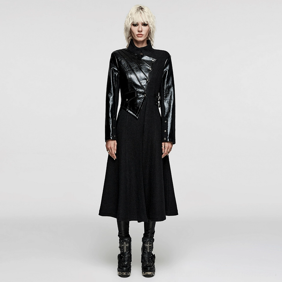 Gothic coat flat lay display showing diagonal pockets, drawstring waist, and premium fabric composition