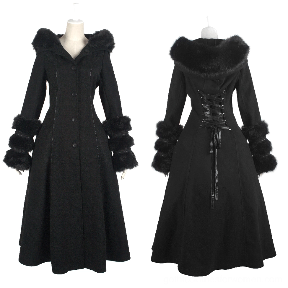 Front and back display of black gothic hooded coat on mannequins showing full design silhouette