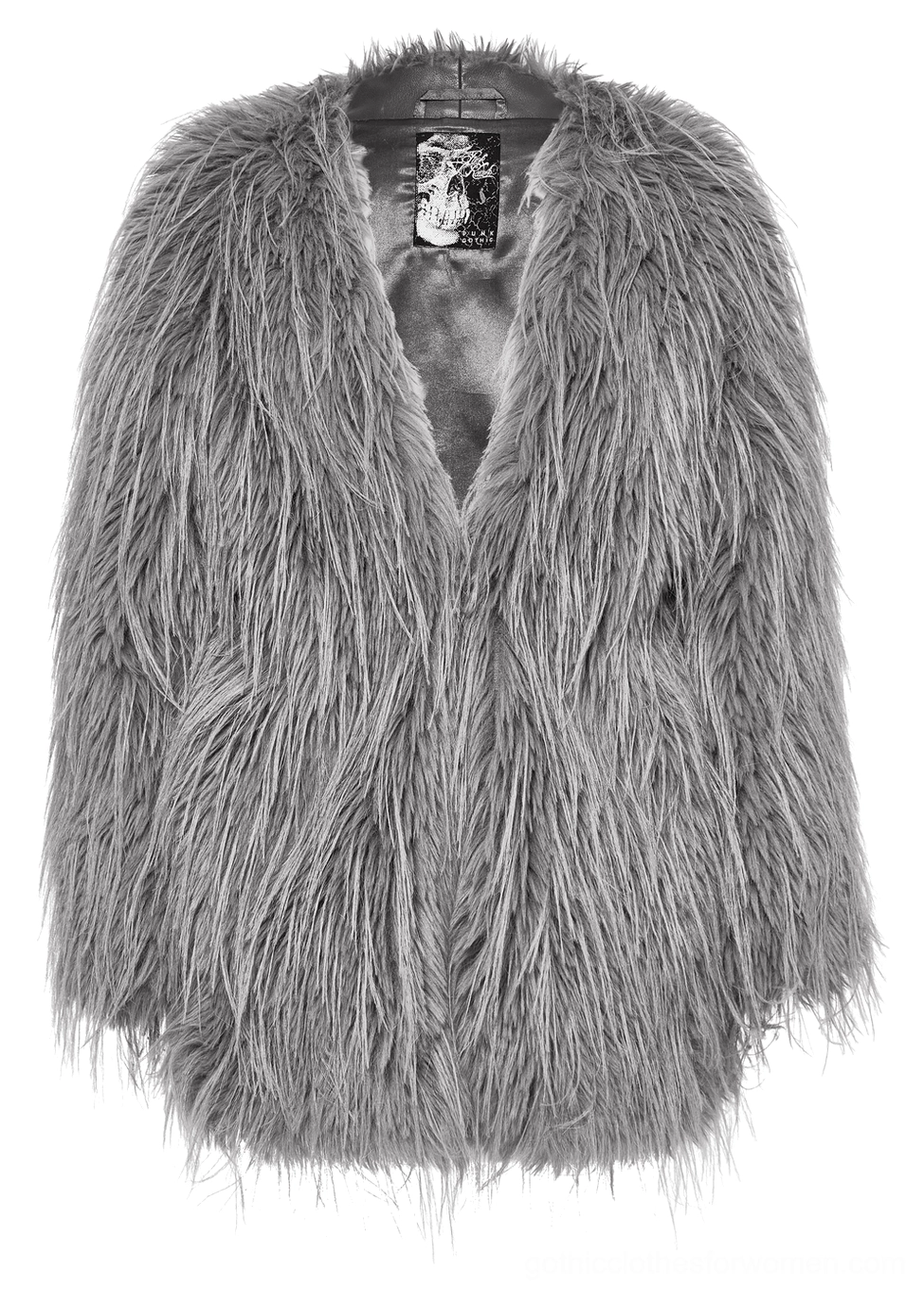 Front exterior view of grey asymmetrical faux fur gothic jacket with open leather lapel collar