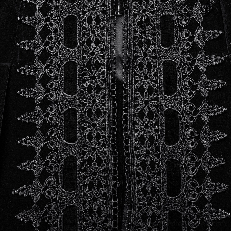 Black velvet gothic coat front close-up detail, intricate black floral lace pattern and central metal zipper hardware