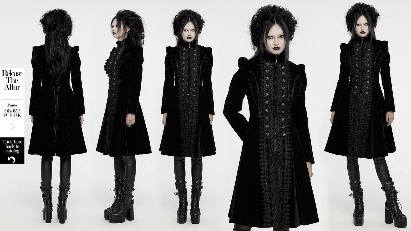 Black velvet gothic coat front opening detail, lace panel framing, metal zipper closure, symmetrical button arrangement