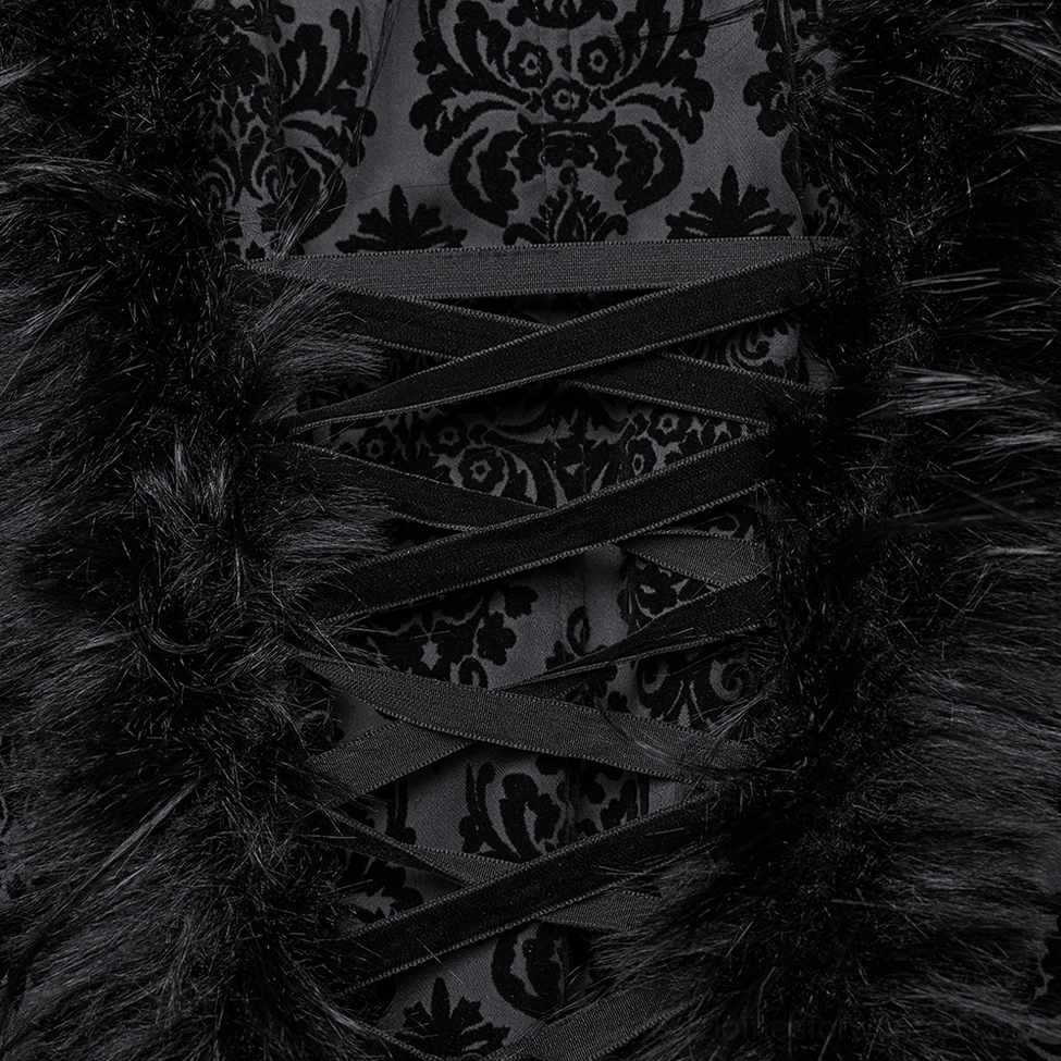 Gothic hooded coat front placket showing central zipper and faux fur detail with decorative buttons
