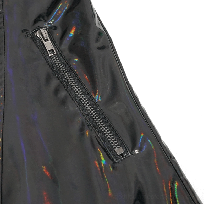 Front metal zipper closure of gothic holographic coat against iridescent patent leather material