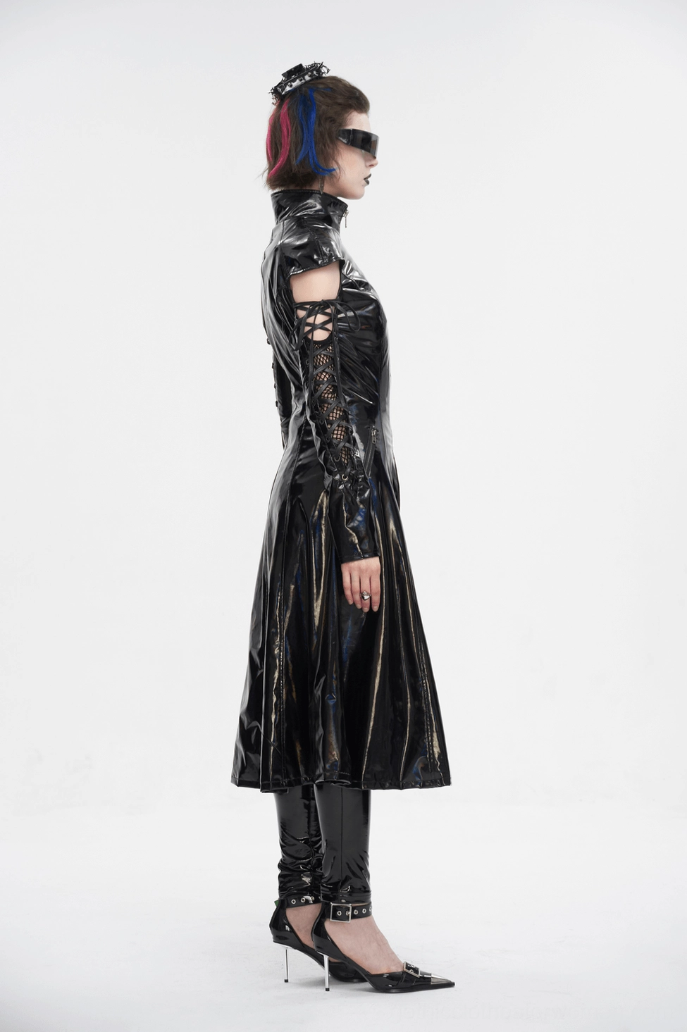 Black holographic patent leather gothic coat front zipper and stand collar detail on dress form