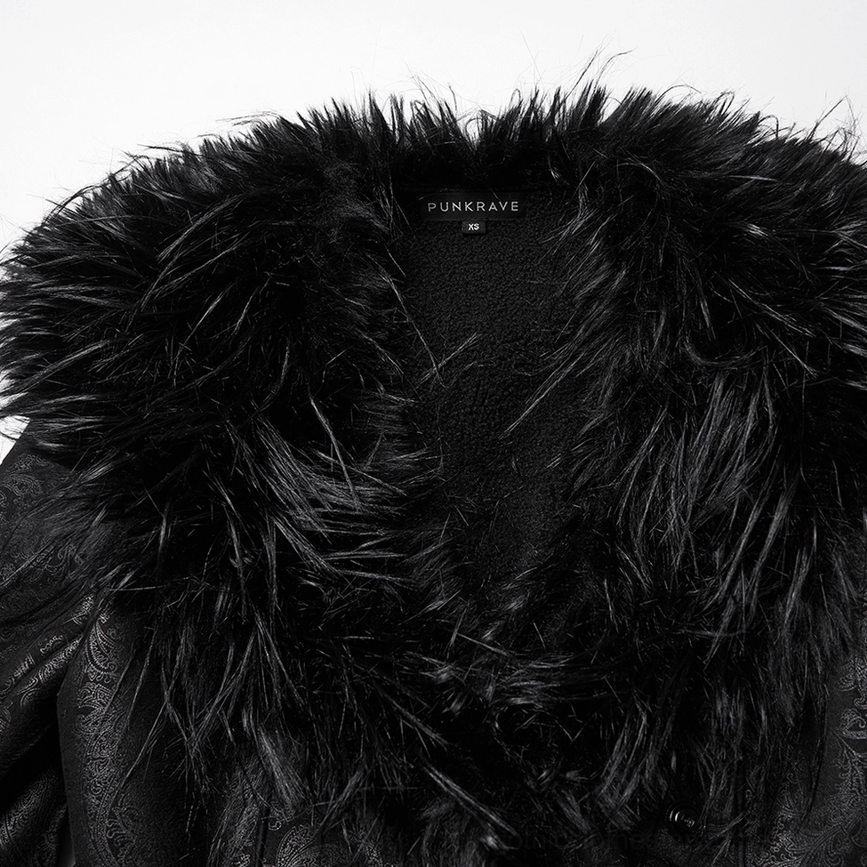 Close-up of gothic coat plush faux fur collar showing shaggy texture, brand tag, and premium polyester lining quality