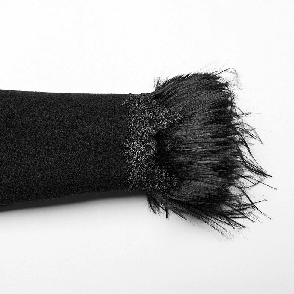 Detailed close-up of faux fur cuff with lace trim on gothic winter coat sleeve
