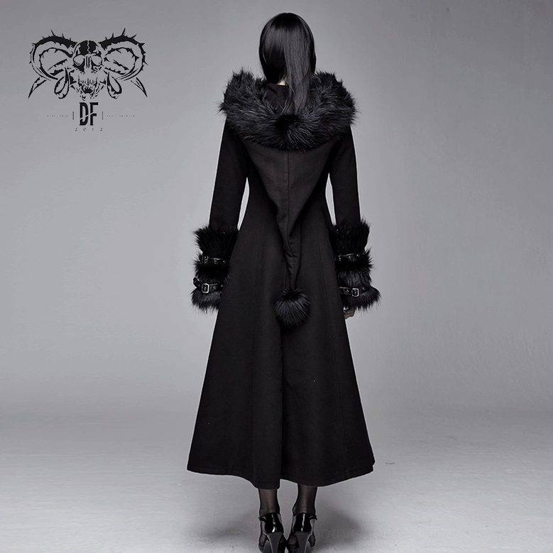 Gothic winter coat showcase highlighting faux fur front panel design, structured silhouette, leather cuff details, and overall construction quality
