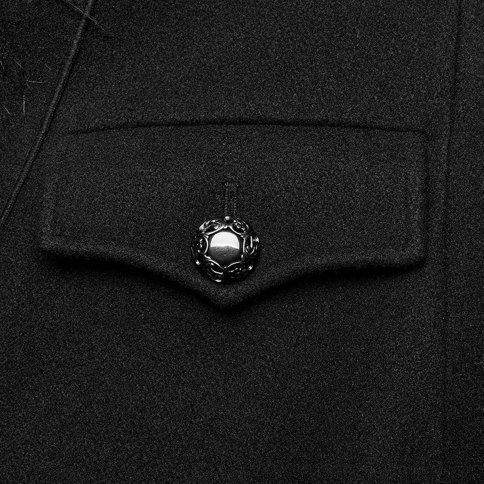 Black faux cashmere gothic coat with gemstone clasps and ornamental pocket details