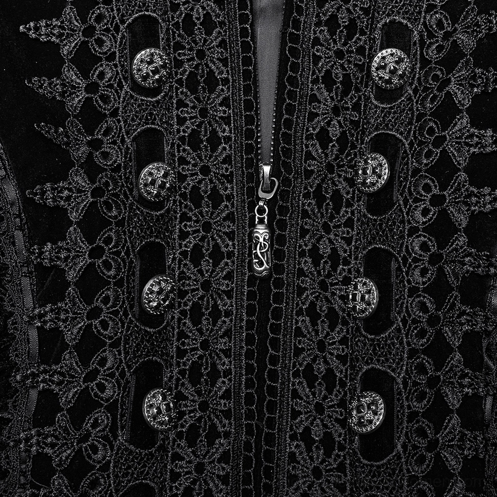 Black velvet gothic coat hardware close-up macro shot, embossed metal buttons, decorative zipper pull, ornate lace embroidery