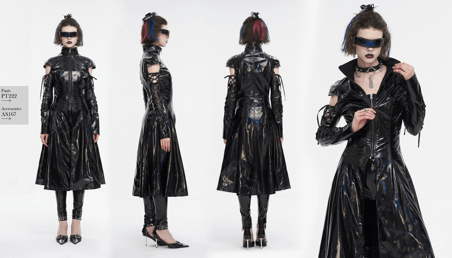 Holographic iridescent finish on black patent leather gothic coat, texture and shine detail close-up
