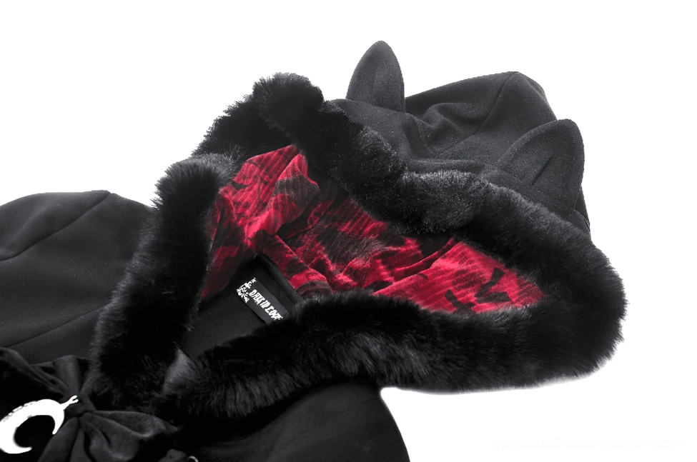 Cat ear gothic coat hood close-up showing red velvet lining and black furry trim