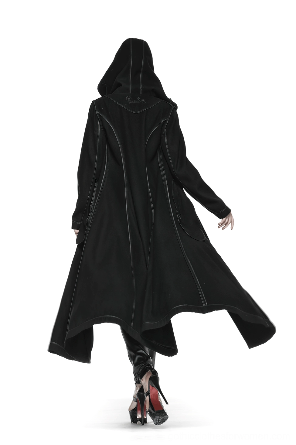 Detail view of gothic coat showing hood fur trim and sleeve construction