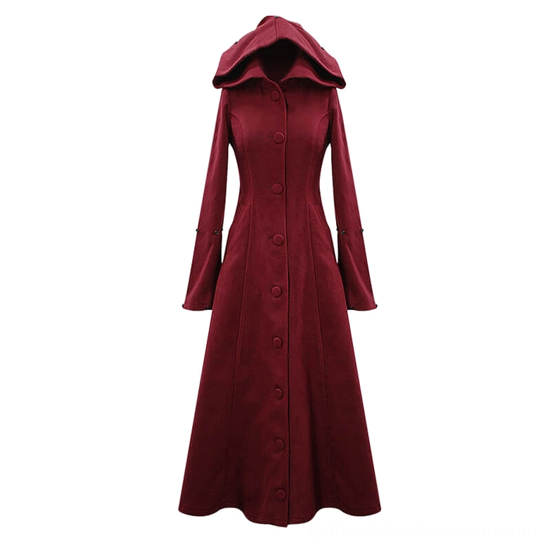 Front view of hooded wine red gothic coat with detachable hood and button closure features