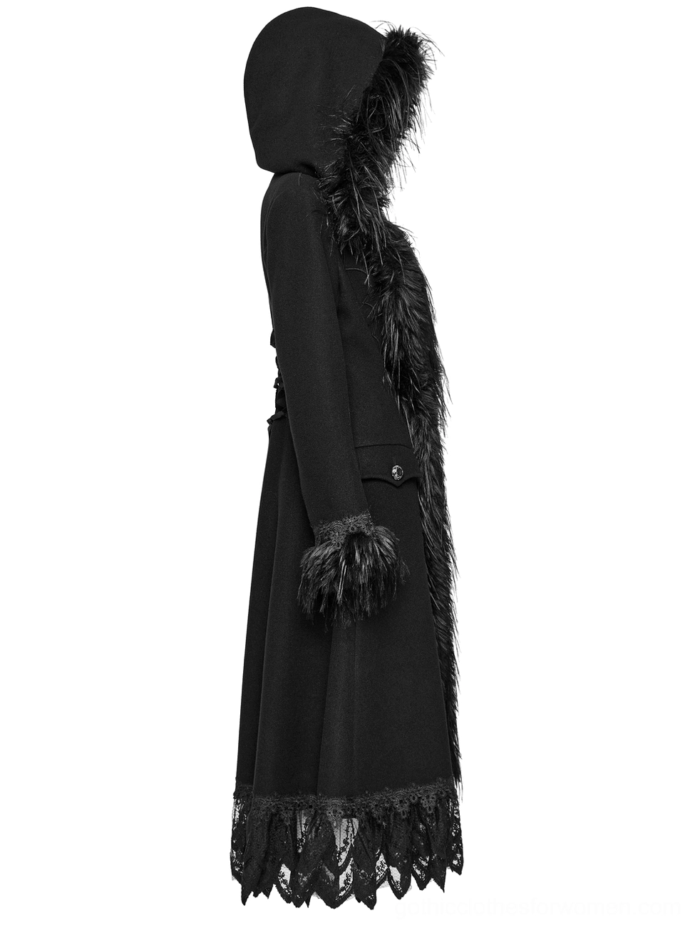 Side profile of hooded gothic coat with fur-trimmed hood and decorative side buttons