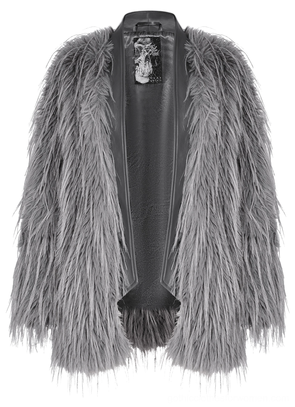 Interior detail shot of grey faux fur gothic coat showing leather lining and brand tag