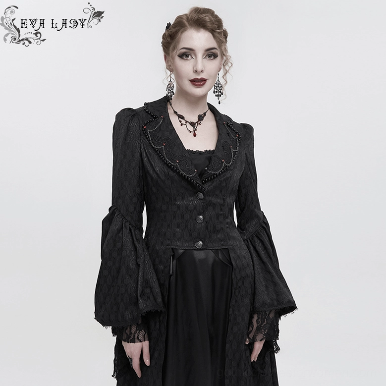 Black gothic coat fabric texture showing jacquard weave pattern and fabric composition