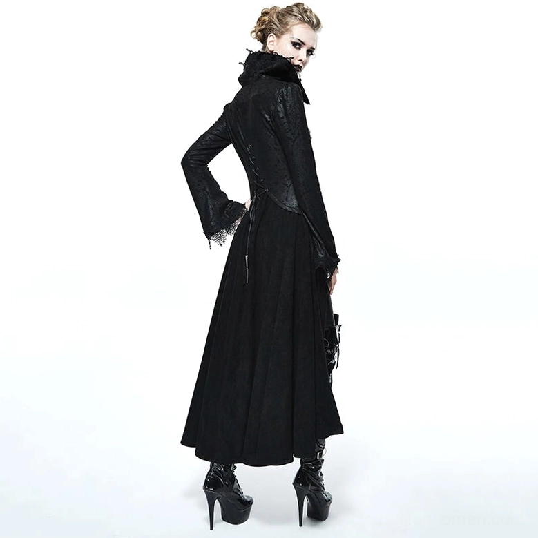Gothic embossed coat detail view showcasing lace accents, metal hook closures, intricate paisley jacquard, and high collar construction