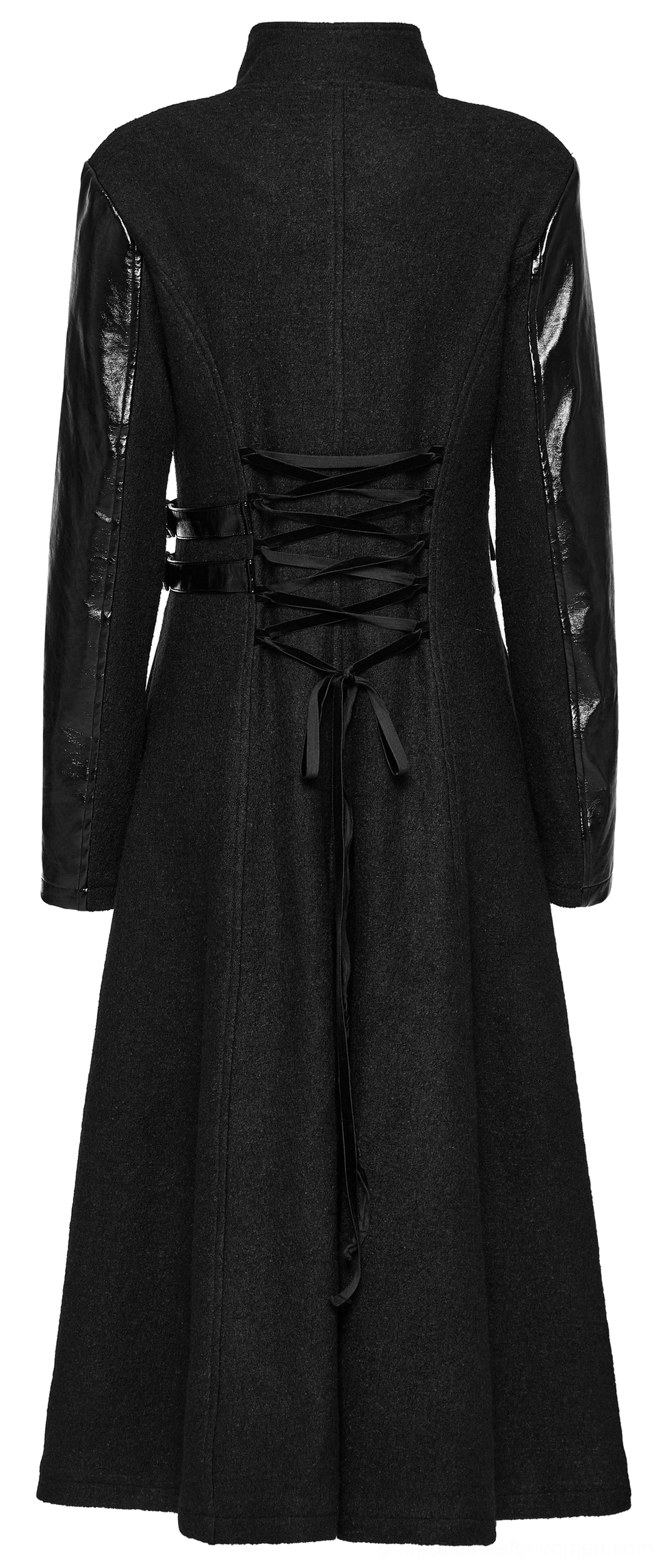 Black gothic long coat back view featuring lace-up corset waist and flared hemline