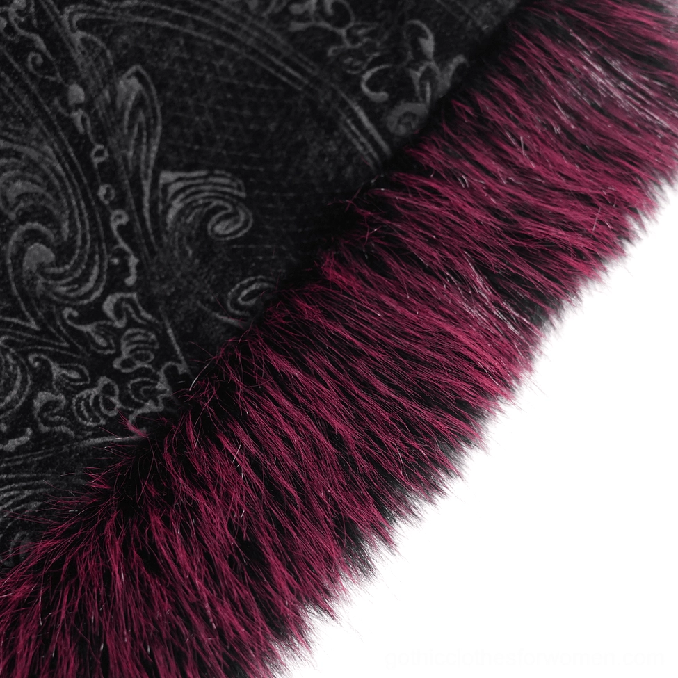 Detail photograph of gothic coat highlighting intricate lace panel work, embroidered velvet surface, and vintage-inspired construction