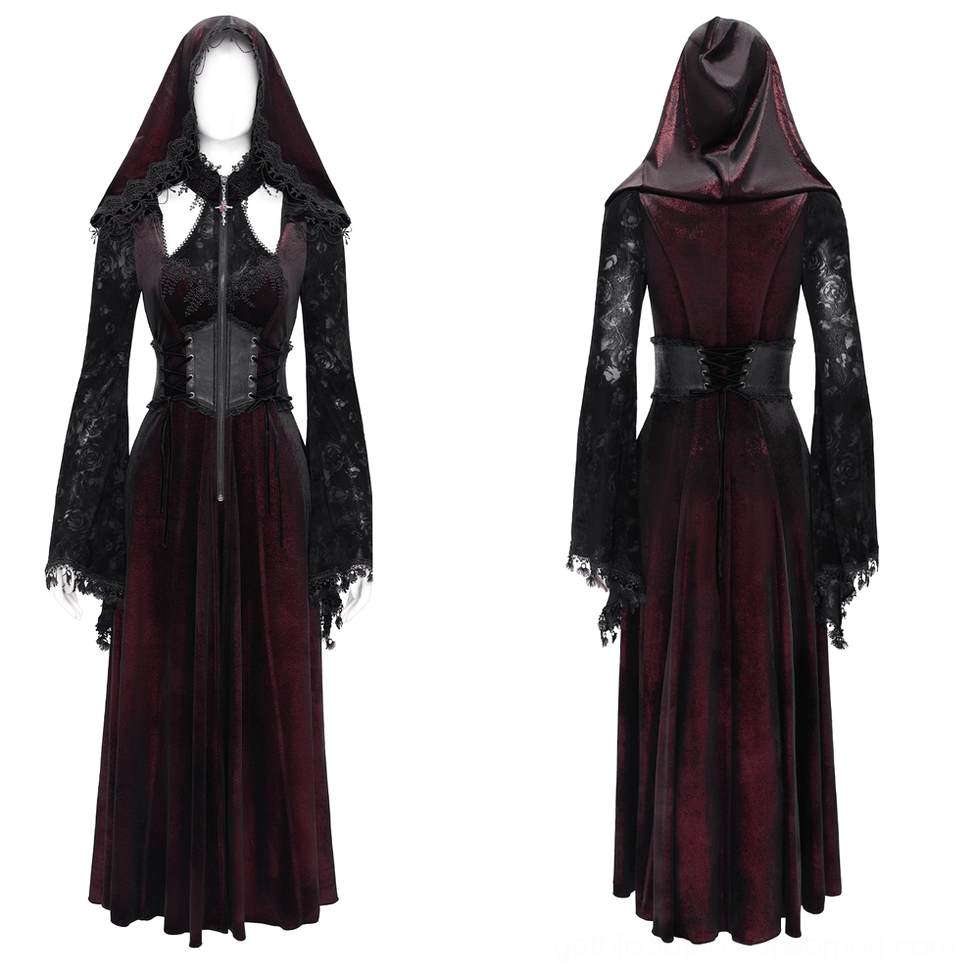 Black lace and burgundy velvet gothic coat trim detail with decorative metal cross clasp featuring red gemstone accent
