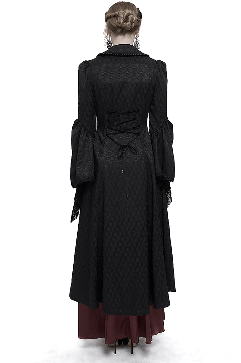 Black beaded gothic coat back view showing lace-up corset closure and jacquard weave fabric
