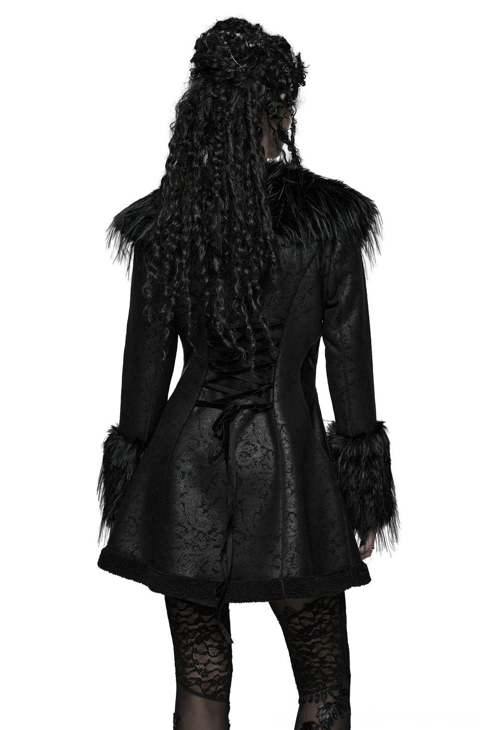 Black gothic winter coat featuring lace-up corset back detail, long curly styling, and luxurious faux fur cuffs - back full-body view