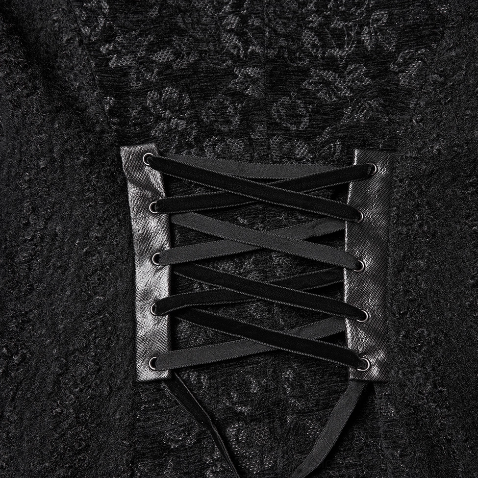 Close-up detail of black gothic coat back lace-up corset featuring ribbon fasteners and leather strap accents, showcasing intricate corseted design