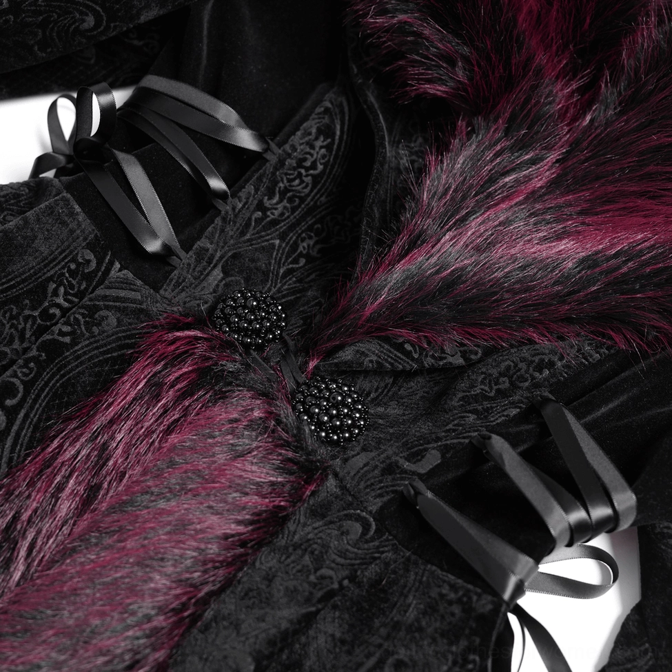 Close-up side detail showing black ribbon lace-up fastenings, embroidered velvet fabric, and intricate gothic embellishment work