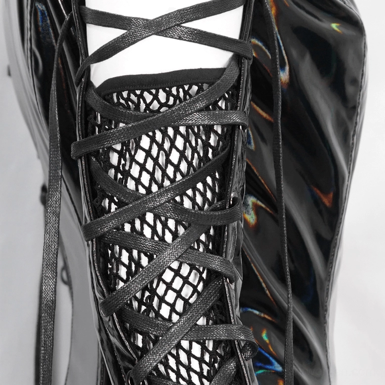 Crisscross lace-up straps on gothic coat sleeve with mesh panel detail, close-up front view
