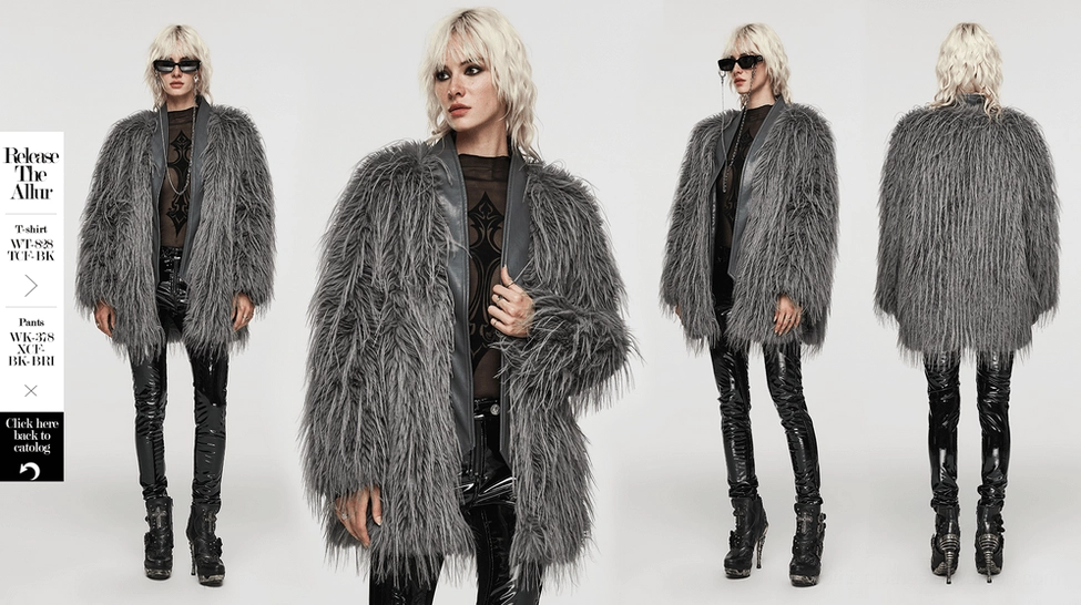 Mixed material design showing faux fur body with textured faux leather accents and metal hardware