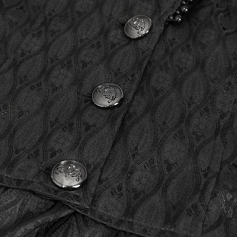Close-up detail of embossed metal buttons on black jacquard gothic coat