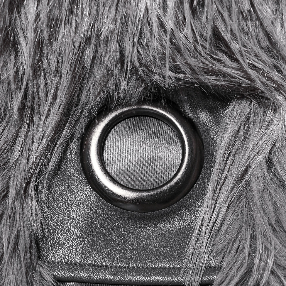 Close-up macro shot of metal eyelet hardware on grey faux fur gothic coat