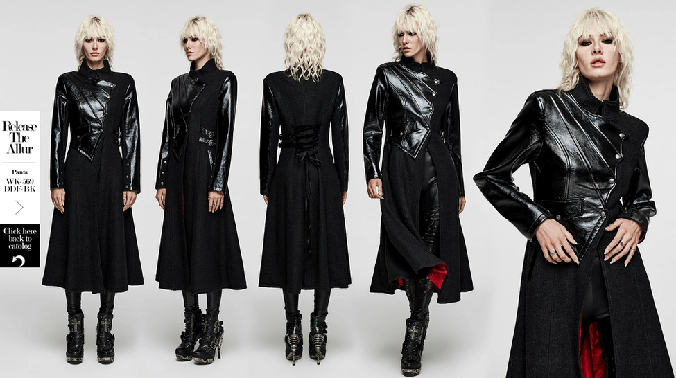 Black asymmetric gothic coat styled on model showing overall silhouette and architectural design elements