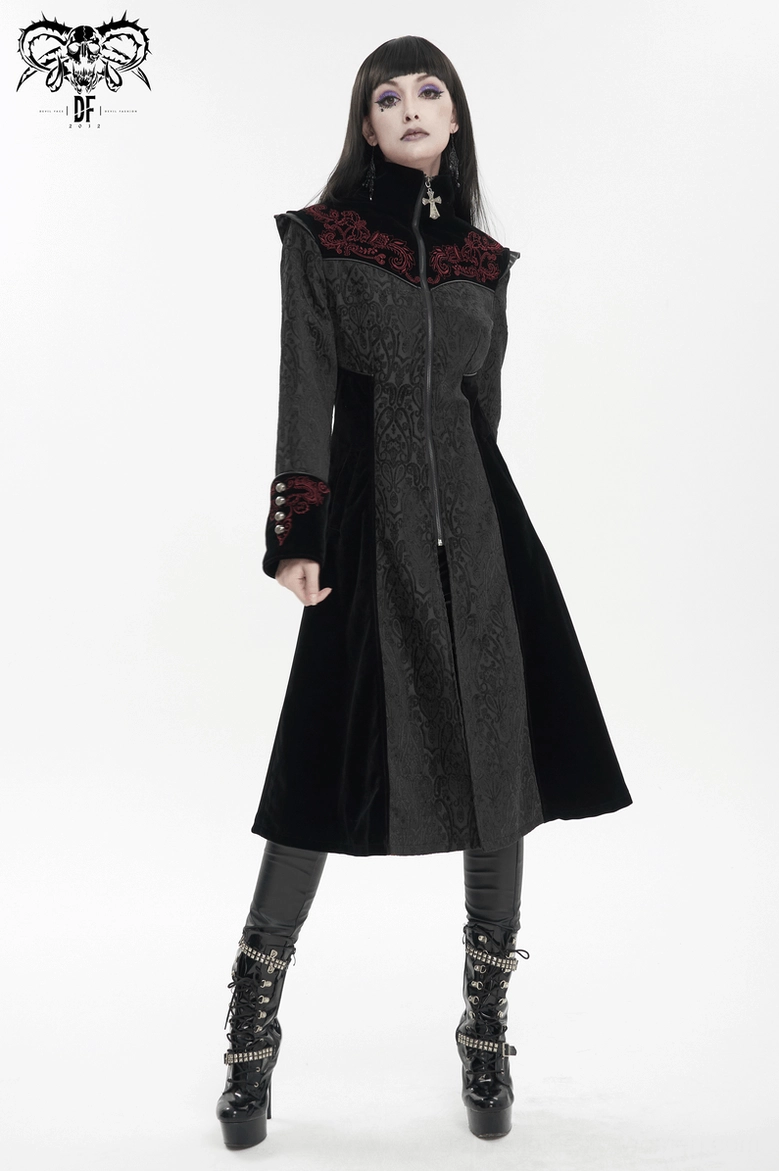 Black gothic coat seam and construction detail, revealing professional stitching and reinforced craftsmanship