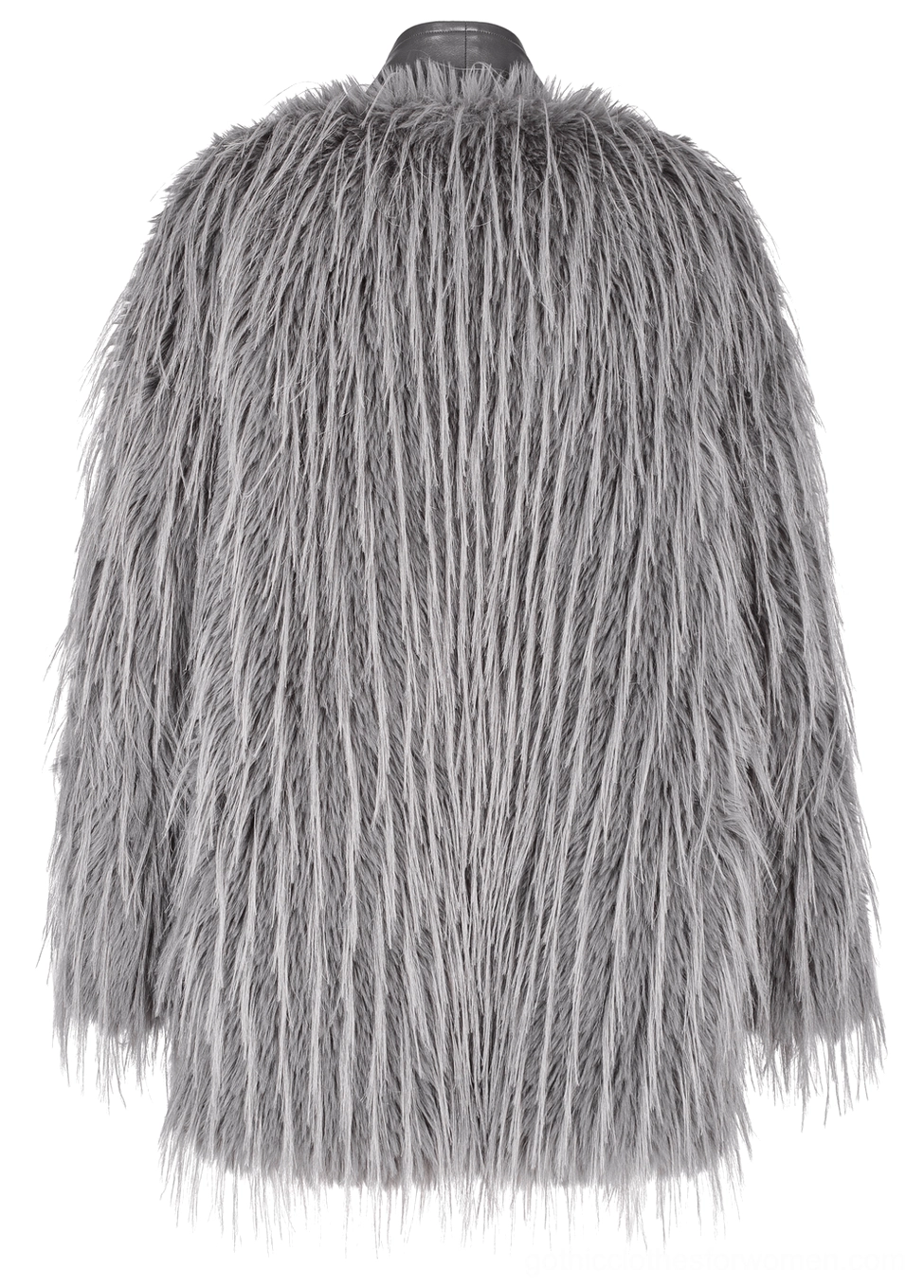 Rear exterior view of asymmetrical faux fur gothic coat showing staggered hemline construction