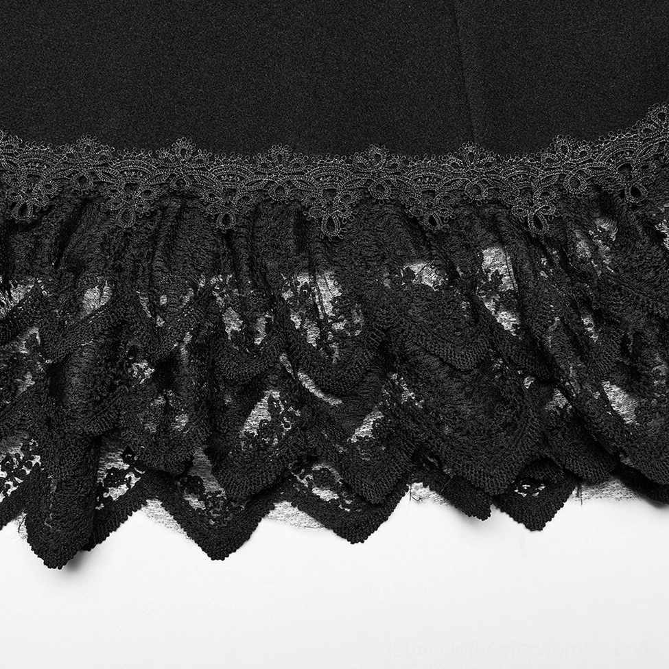 Close-up of black scalloped lace hem trim on gothic faux cashmere coat