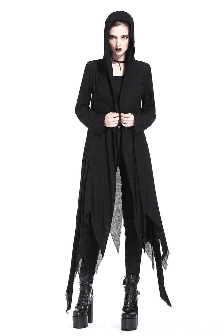 Shredded hem detail on gothic punk coat showing tattered edge finish and texture variation
