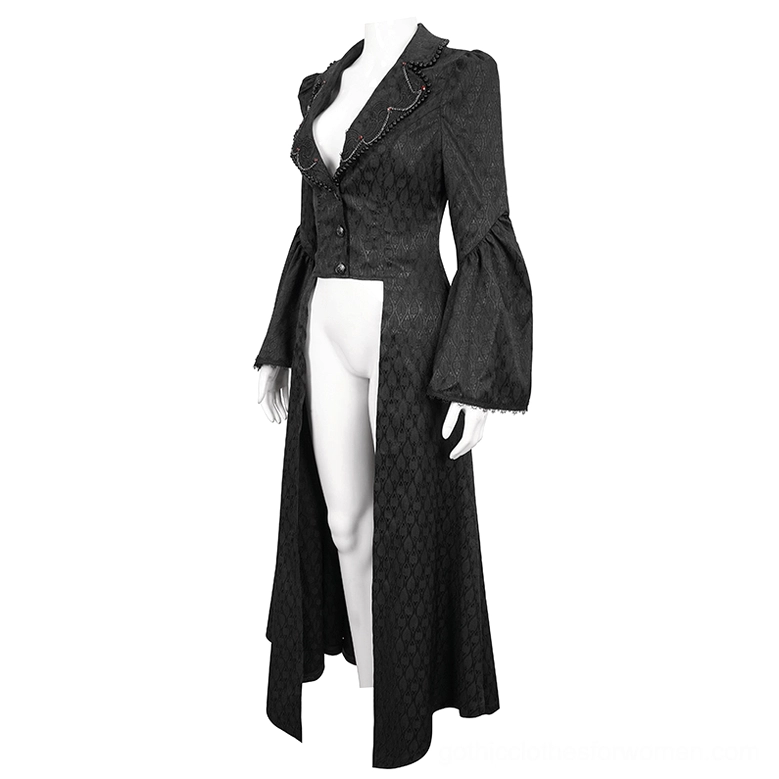 Black gothic coat side view on mannequin showing tailored waist and flared sleeve cuff
