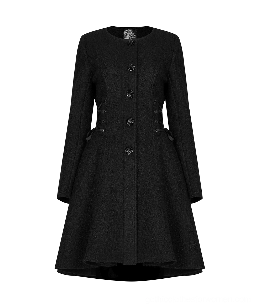 Victorian gothic wool coat side profile showing detachable fur pom-pom collar and fitted silhouette