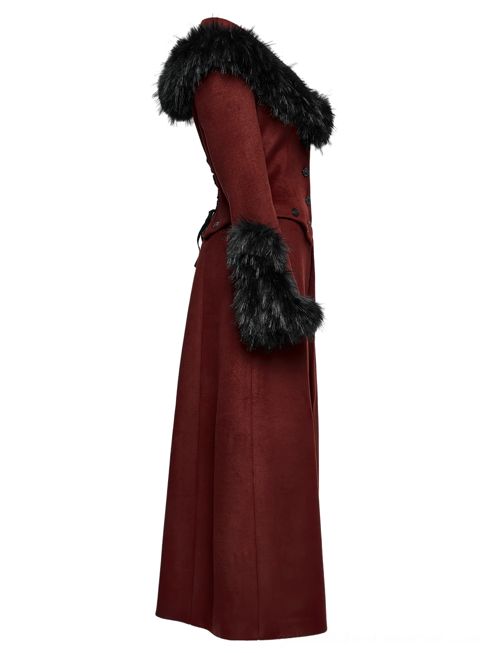 Side profile view of fitted gothic coat showing elegant silhouette, black faux fur collar and cuffs, and structured wine red fabric