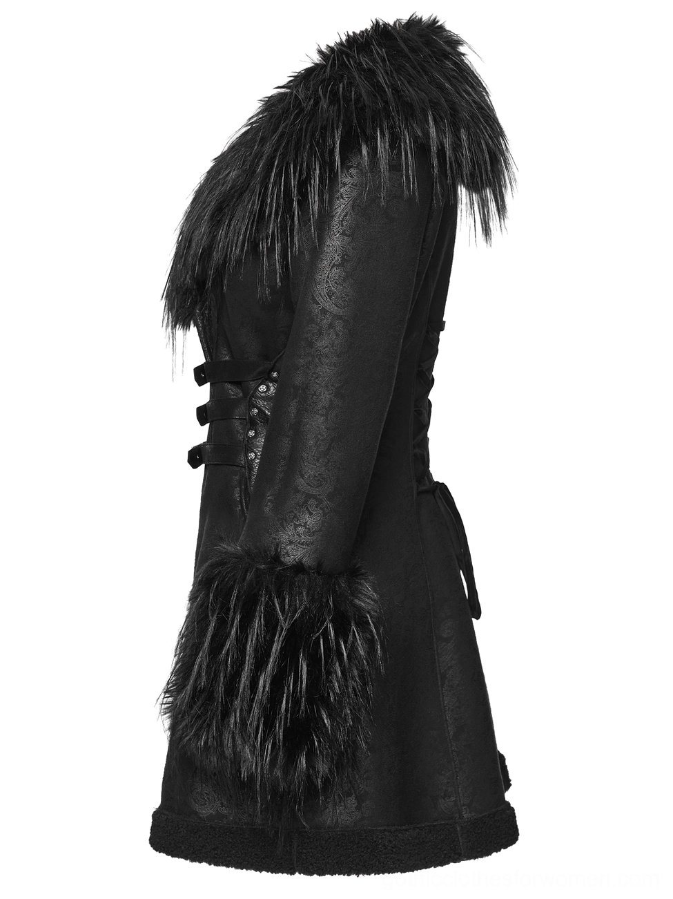 Gothic faux fur coat side profile showing tailored silhouette, shaggy fur cuffs, buckle hardware, and fitted waistline