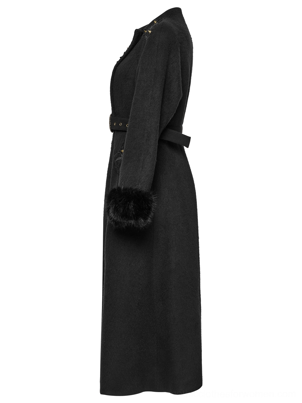 Side profile of black gothic long coat highlighting tailored waist belt, ornate buckle, and flowing A-line hem