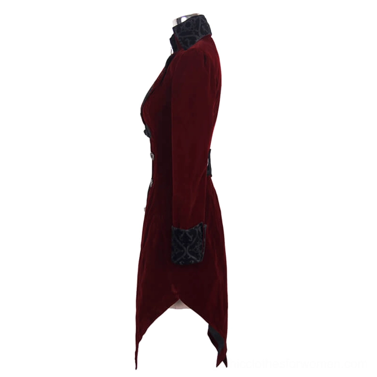 Gothic burgundy velvet coat left side view - asymmetrical tail hem and embroidered cuffs