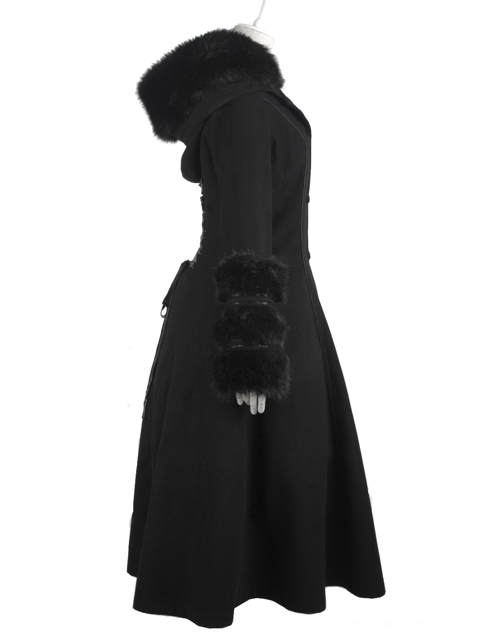 Side profile of gothic coat displaying fur-trimmed hood and layered faux fur cuffs