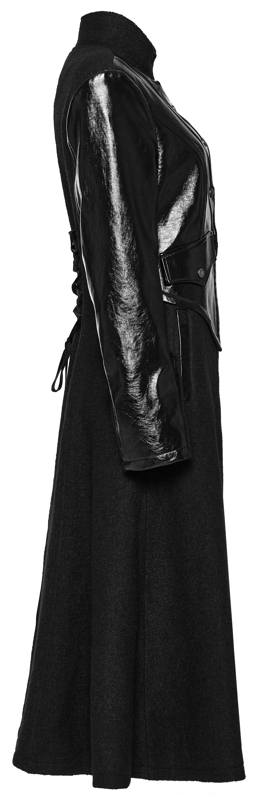 Side profile of black gothic faux leather wool coat showing tailored collar and PU sleeves