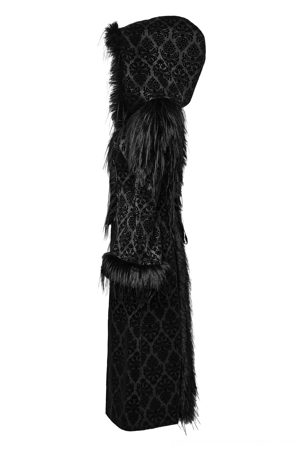 Flared faux fur-trimmed cuff sleeve of gothic hooded coat shown on mannequin side view