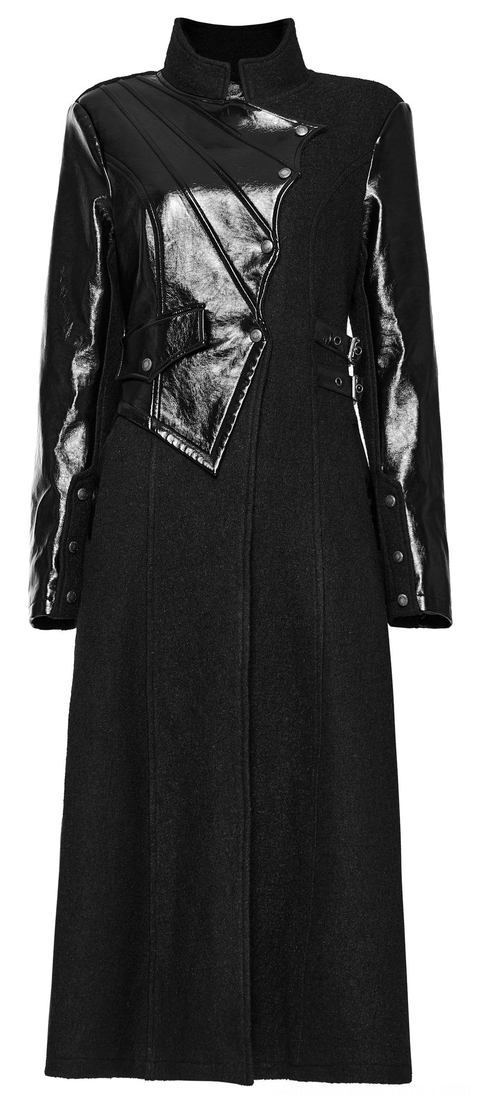 Black gothic stand collar wool coat with shiny PU chest panel detail