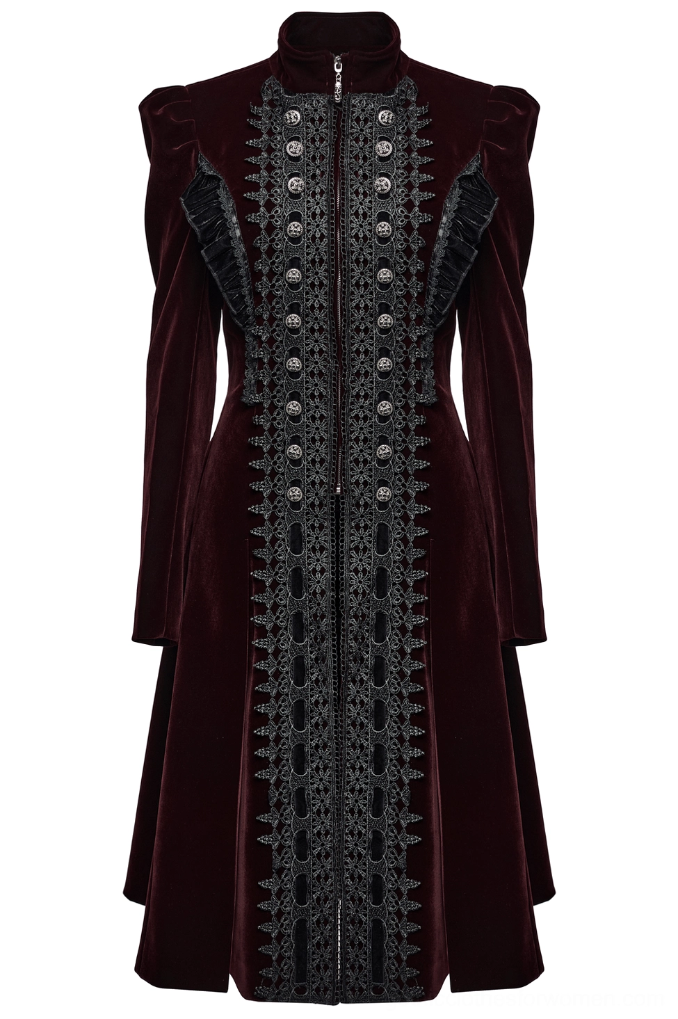 Front flat product display showing structured puffed sleeves and flared hem of burgundy gothic coat