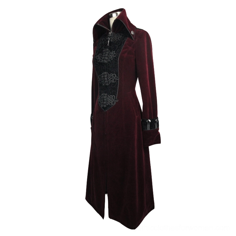 Black embossed gothic coat three-quarter front view - showcasing structured high collar, long sleeves with decorative buckle cuffs, and premium velvet material