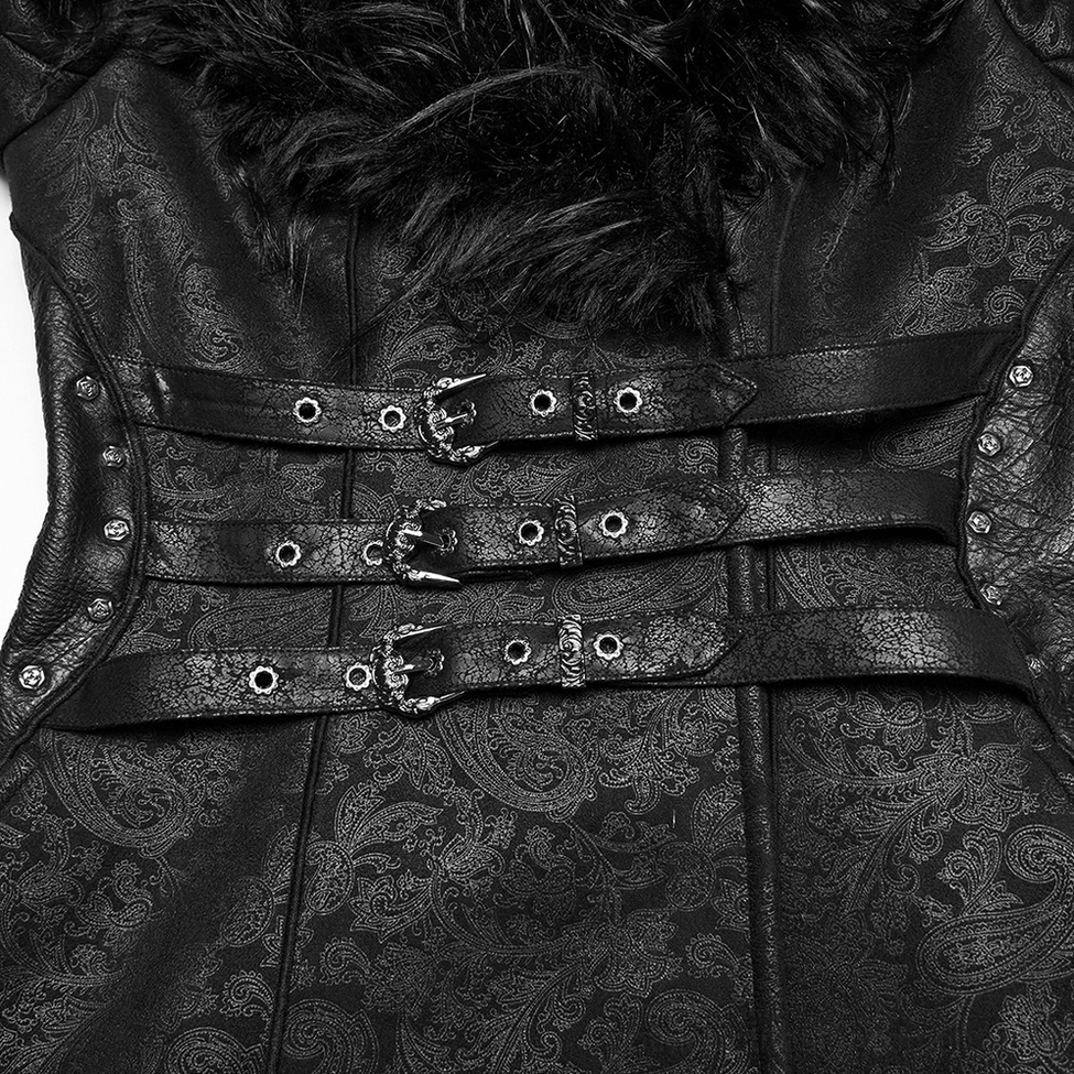 Close-up of gothic black coat waist belt featuring triple metal buckles, rivet decorations, and jacquard texture on dark background